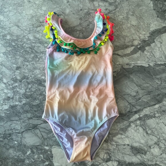 PQ Swim Girls Colorful Ruffle Pom Pom One Piece Swimsuit Multicolor 10